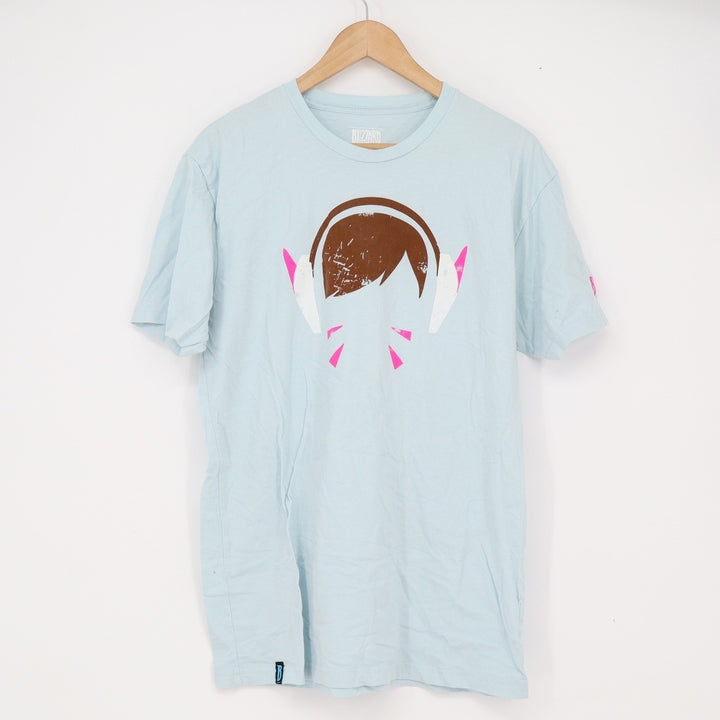 Blizzard T-Shirt Mens L Overwatch D.Va Graphic Light Blue Gamer Tee Excellent