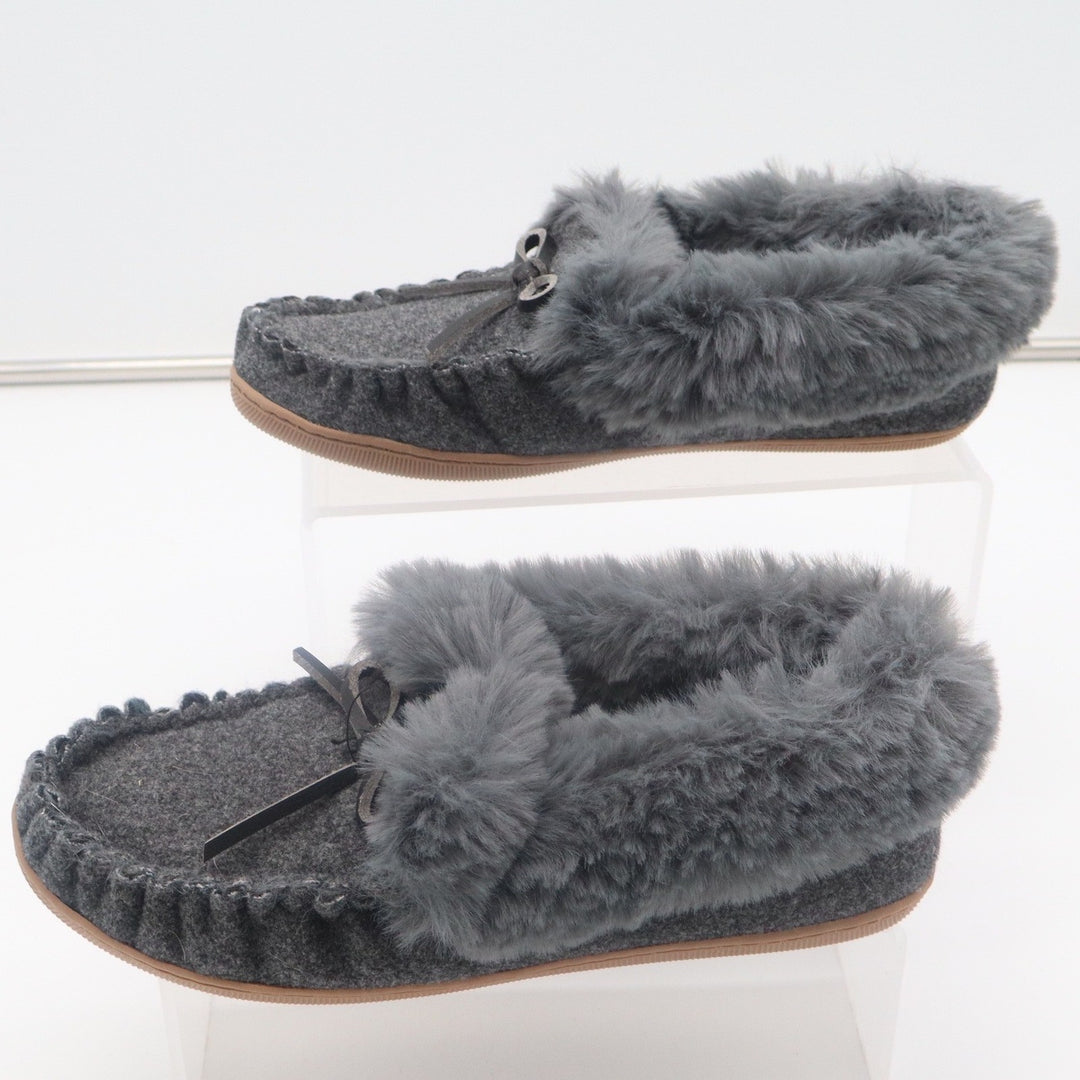 J.Crew Womens Moccasin Slippers Gray Wool Faux Fur Trim Bow Size 8 House Shoes