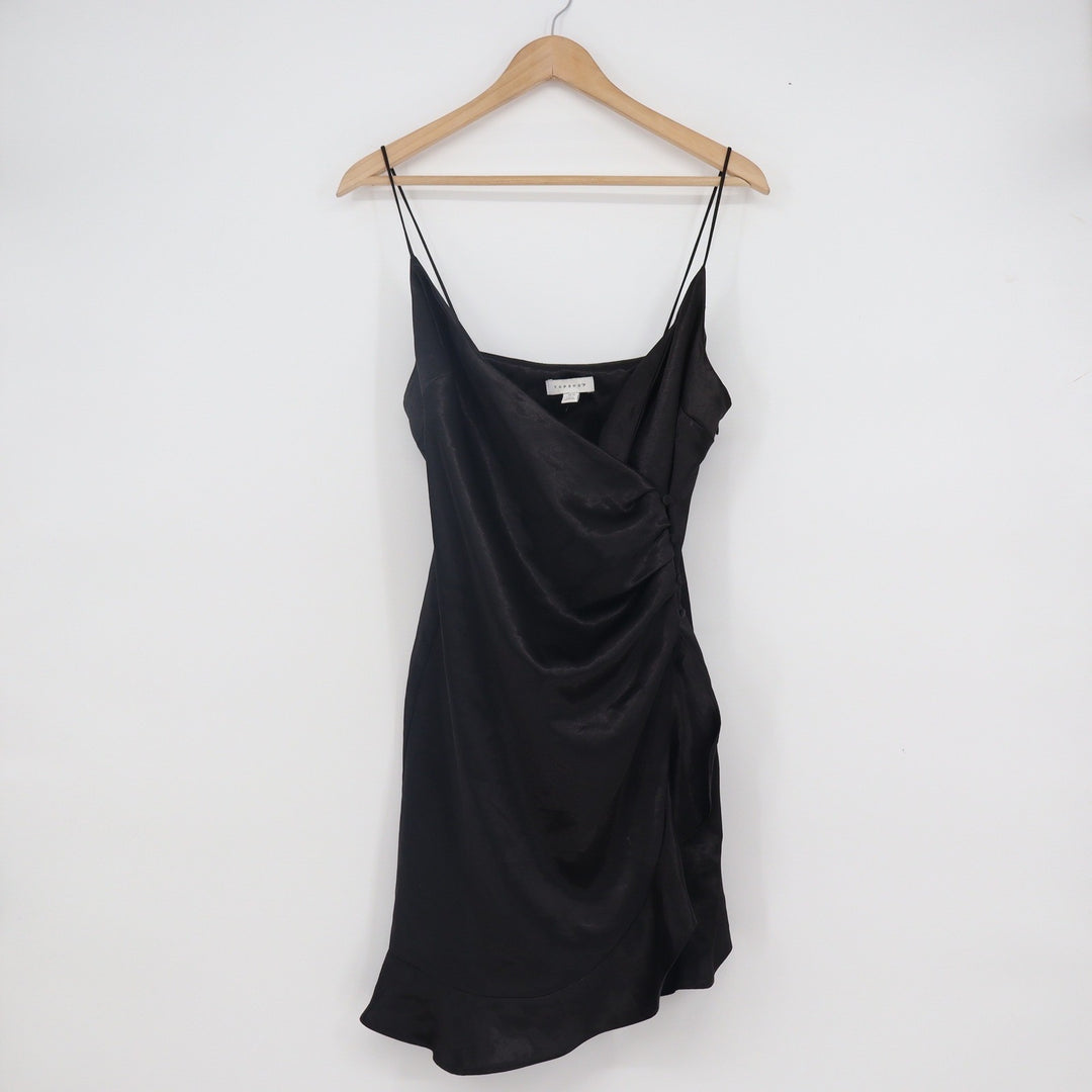 Topshop Black Satin Wrap Mini Dress Ruched Ruffle Hem Spaghetti Strap Size 6
