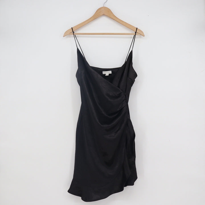 Topshop Black Satin Wrap Mini Dress Ruched Ruffle Hem Spaghetti Strap Size 6