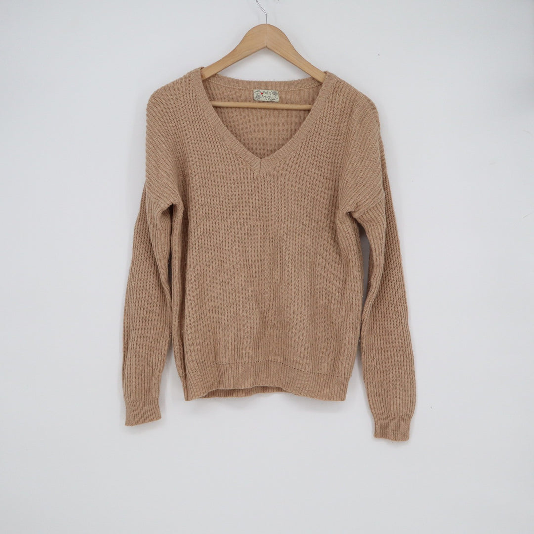Poof Apparel Womens V-Neck Ribbed Knit Sweater Camel Tan Size M