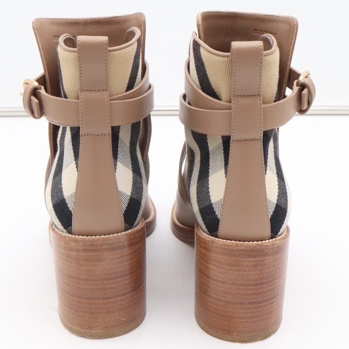 Burberry Pryle Leather House Check Ankle Boots Wheat Tan Block Heel EU 39
