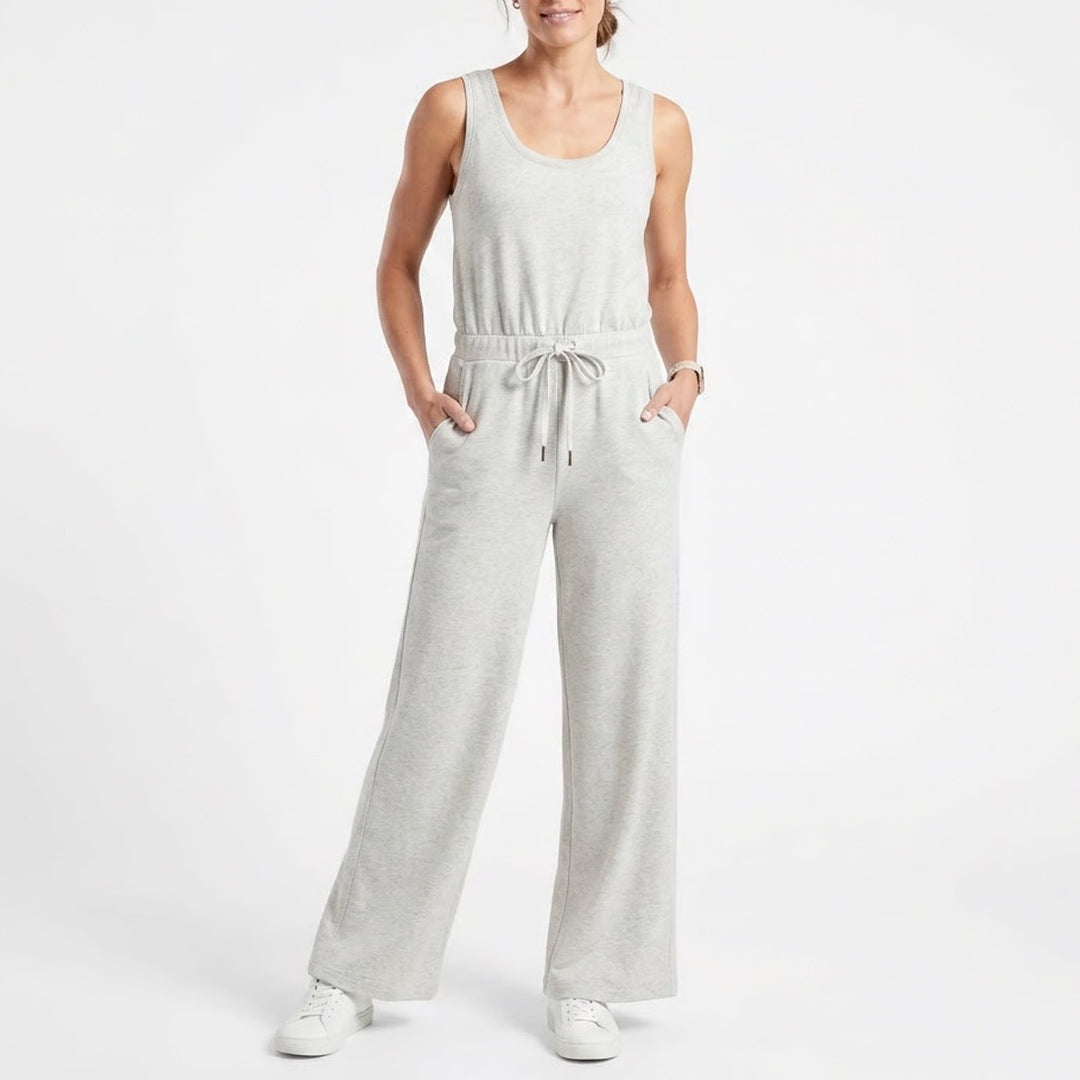 Athleta Jumpsuit Womens M Heather Gray Stretch Drawstring Round Neck Wide Leg