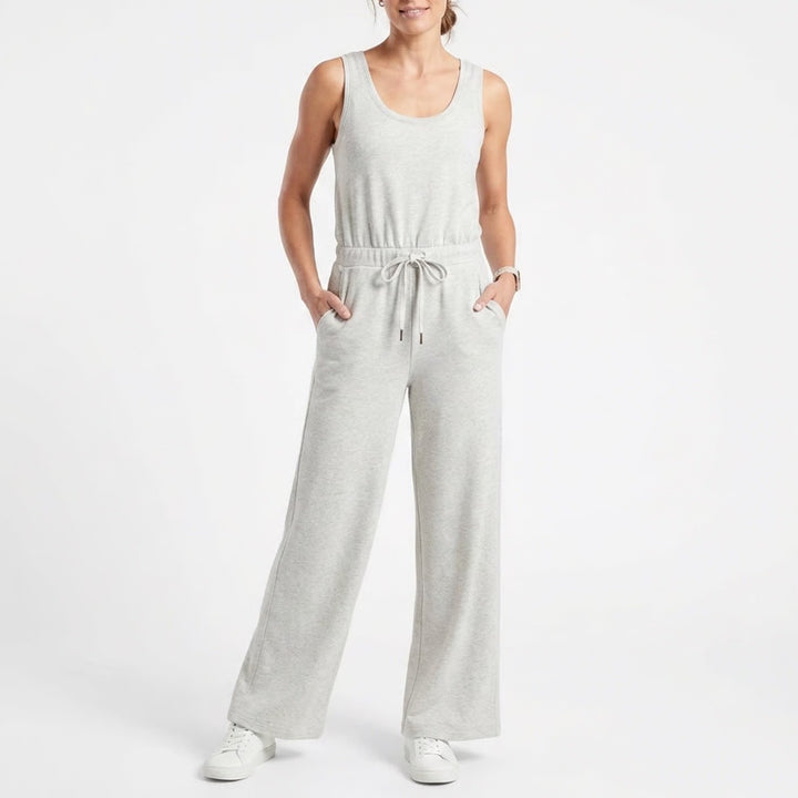 Athleta Jumpsuit Womens M Heather Gray Stretch Drawstring Round Neck Wide Leg