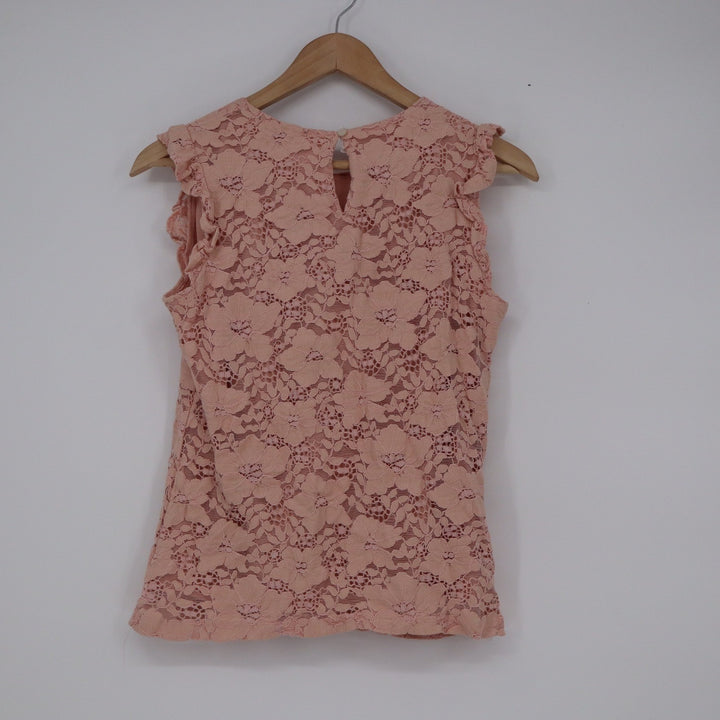 STOP Blush Pink Floral Lace Ruffle Sleeveless Blouse Top L