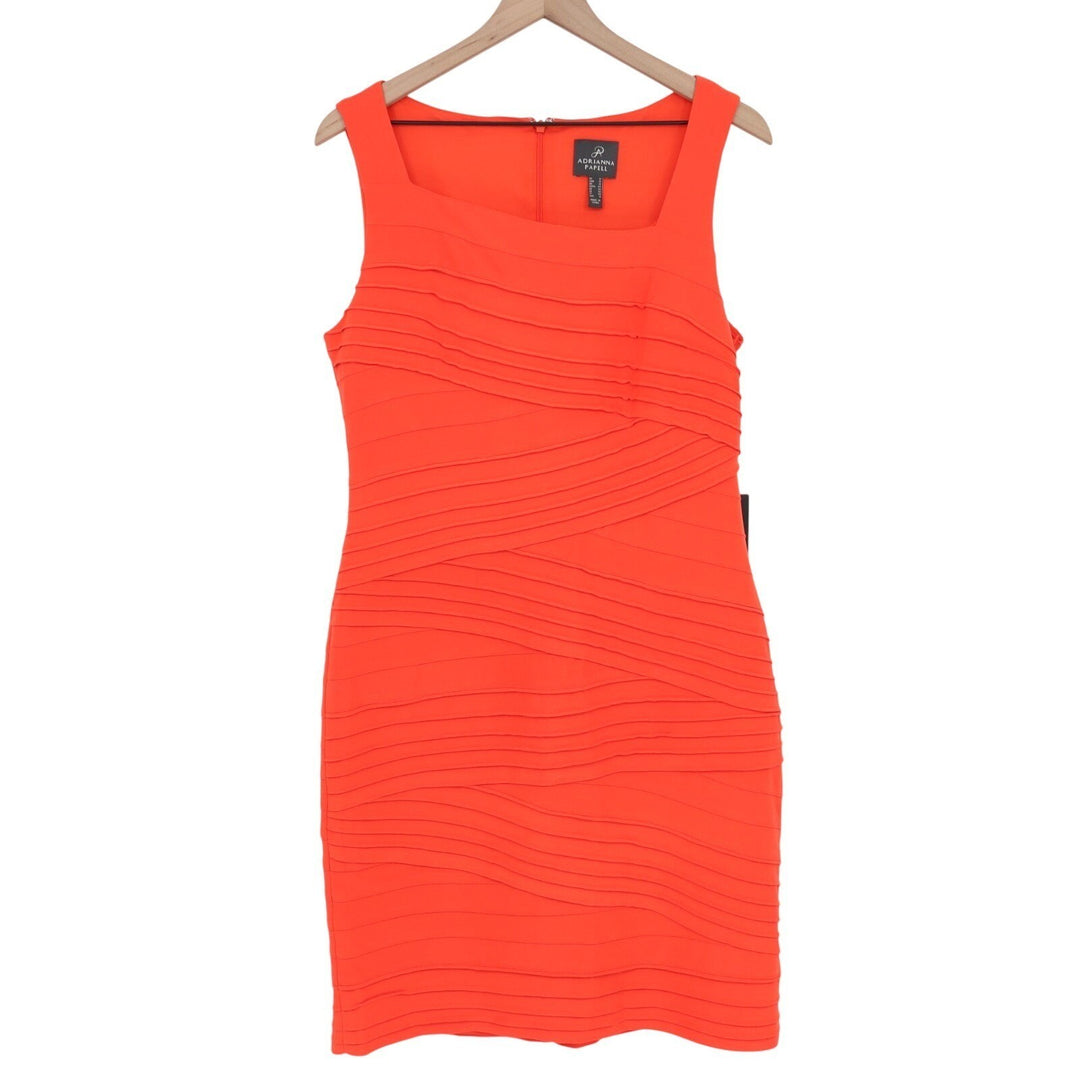 Adrianna Papell Sheath Dress Womens 12 Orange Stretch Pleated Jersey Back Zip