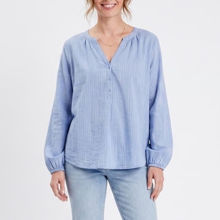 Old Navy Blouse Women L Blue Space Dye Cotton Pleated Henley Neck Balloon Sleeve