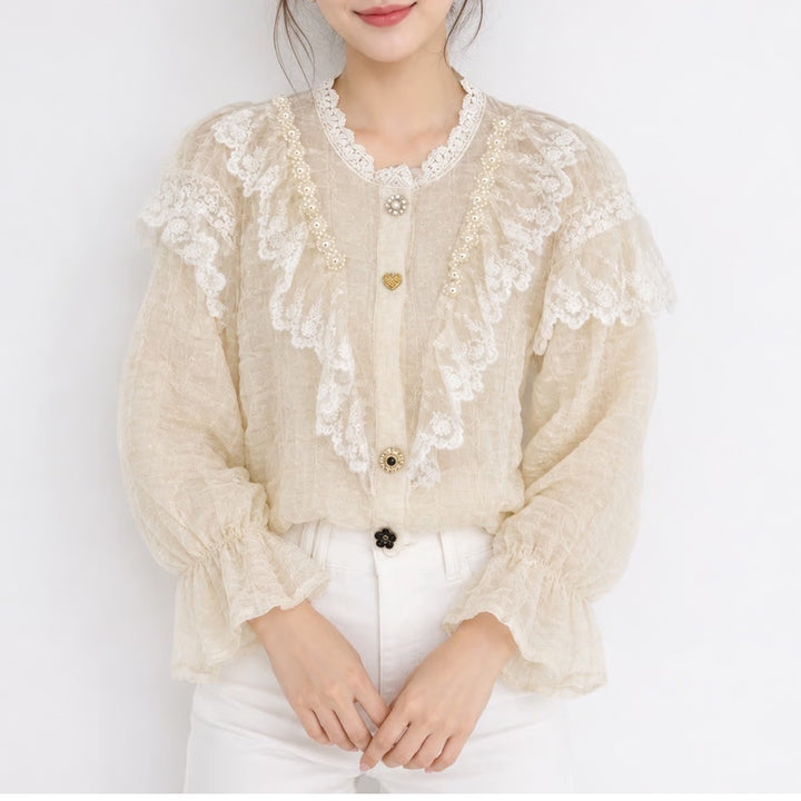 Ying Zi Cream Lace Pearl Ruffle Blouse Swiss Dot Mesh Victorian Top XXL