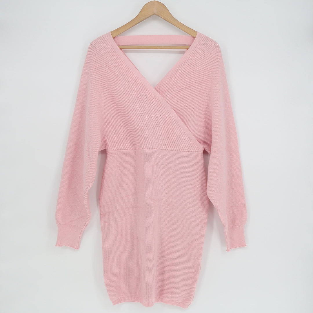 Pink Ribbed Knit Wrap Front Long Sleeve Back Cutout Mini Sweater Dress Large