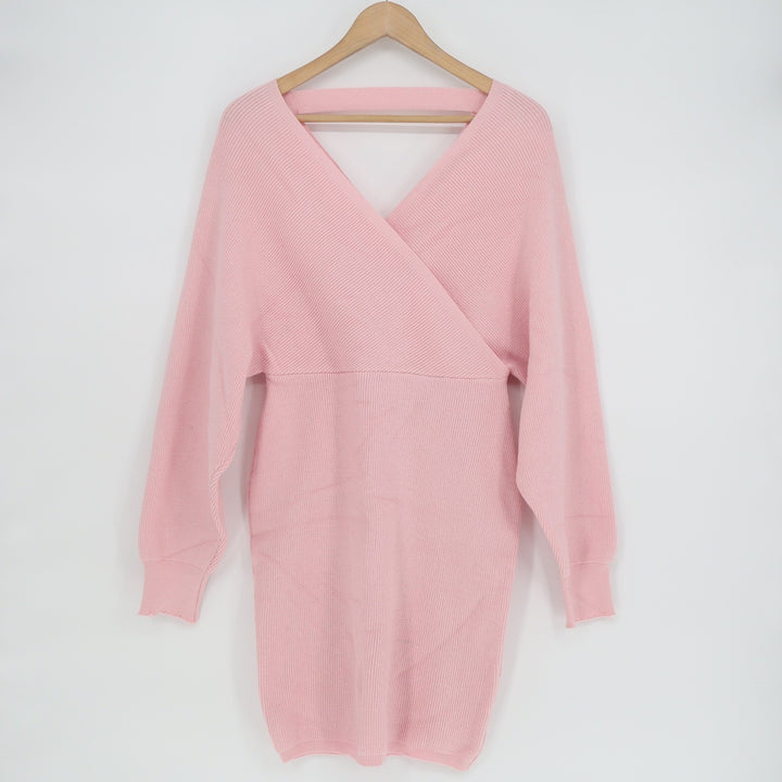 Pink Ribbed Knit Wrap Front Long Sleeve Back Cutout Mini Sweater Dress Large