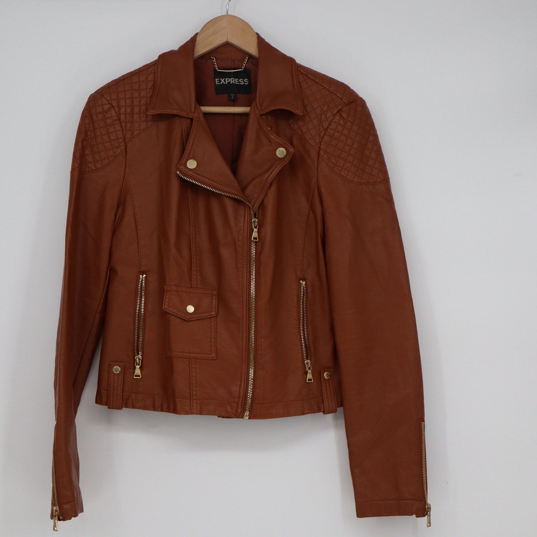 Express Womens Cognac Brown Faux Leather Quilted Moto Jacket Size S Gold Zip