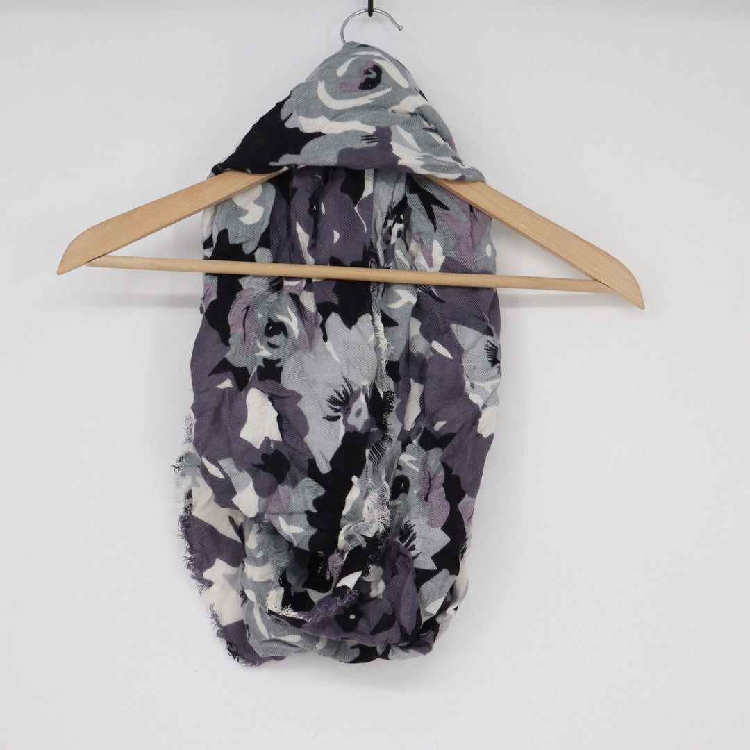 Abstract Floral Infinity Scarf Grey Purple Black White Frayed Edge Loop Scarf
