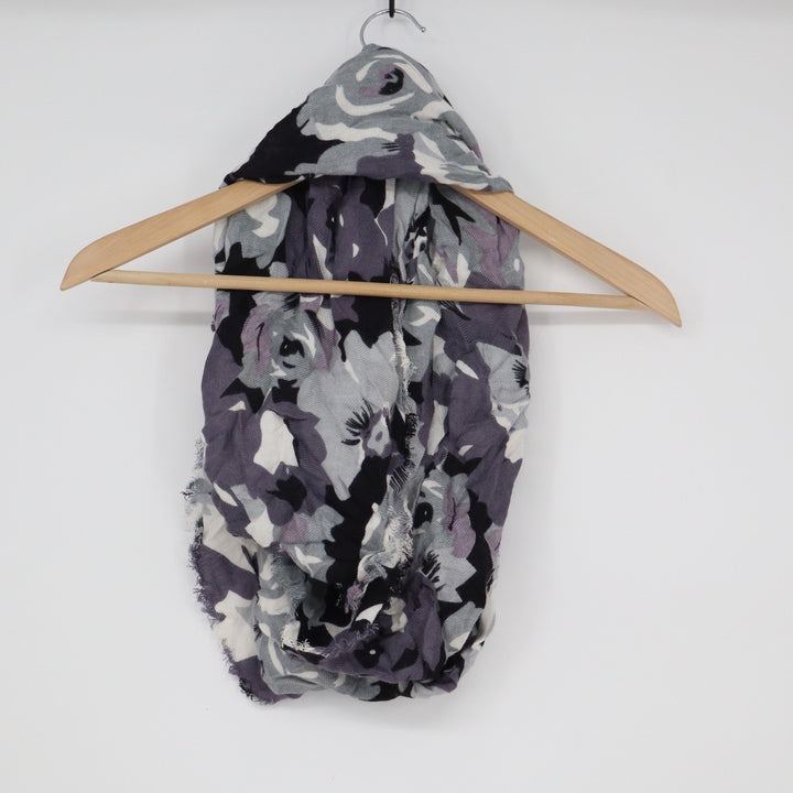 Abstract Floral Infinity Scarf Grey Purple Black White Frayed Edge Loop Scarf