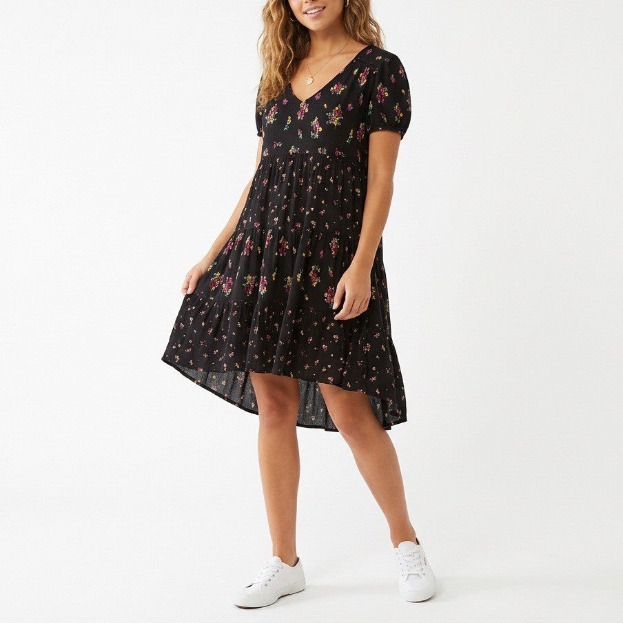 Wild Fable Mini Sundress Womens M Black Floral Pleated Scoop Neck Short Sleeve
