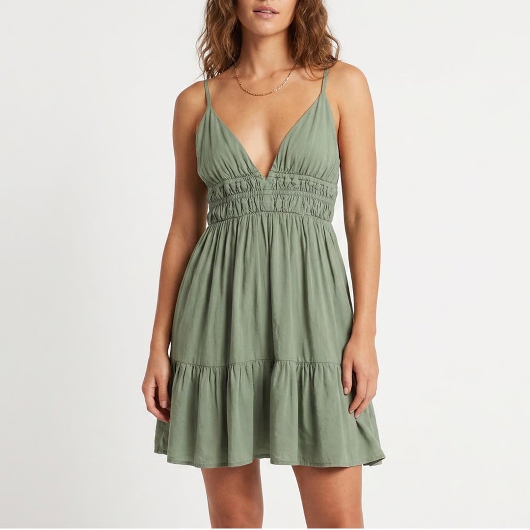 Aéropostale Babydoll Dress Womens Small Olive Green Pleated Spaghetti Straps