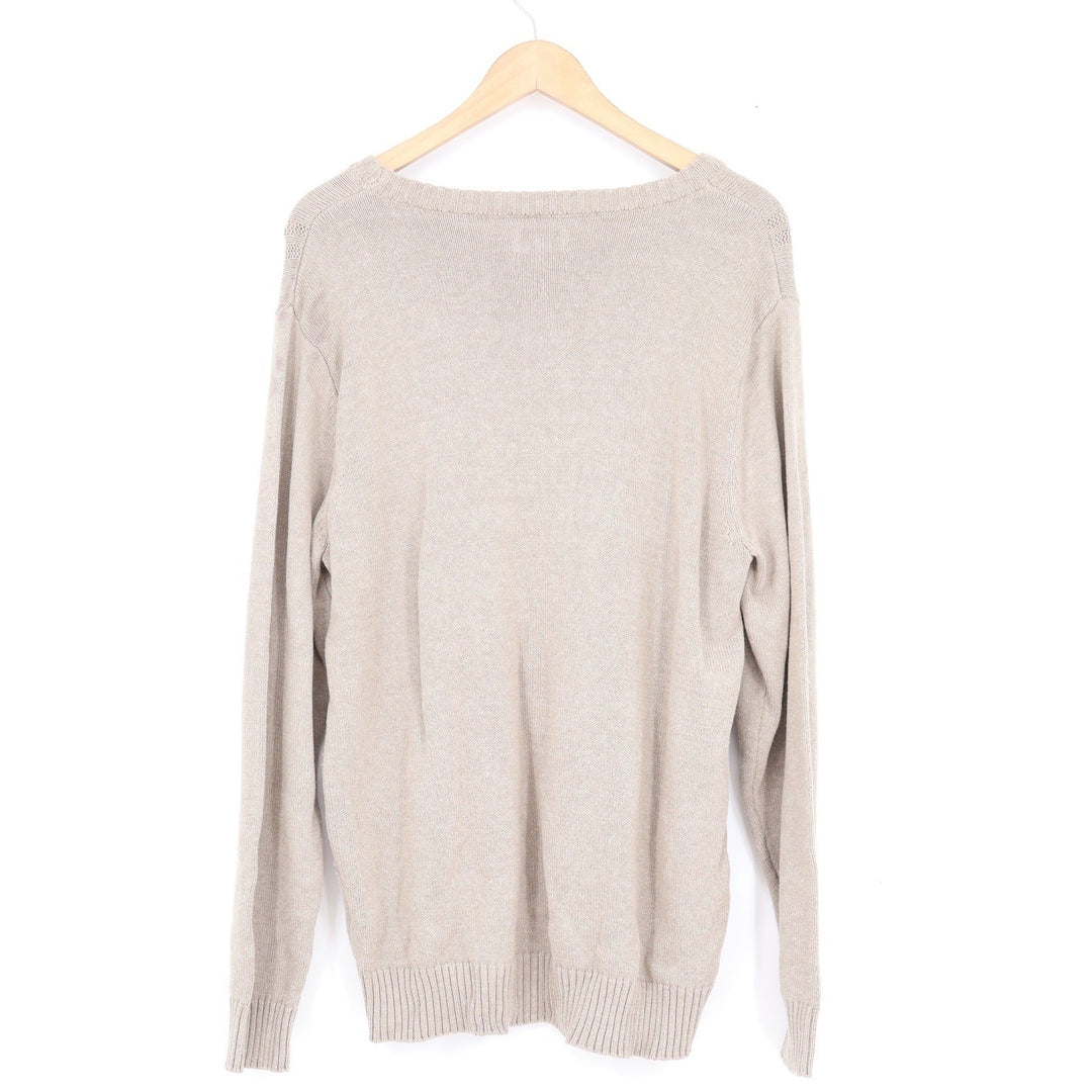 Haggar Mens Large Tan Beige Textured Grid Crewneck Cotton Blend Pullover Sweater