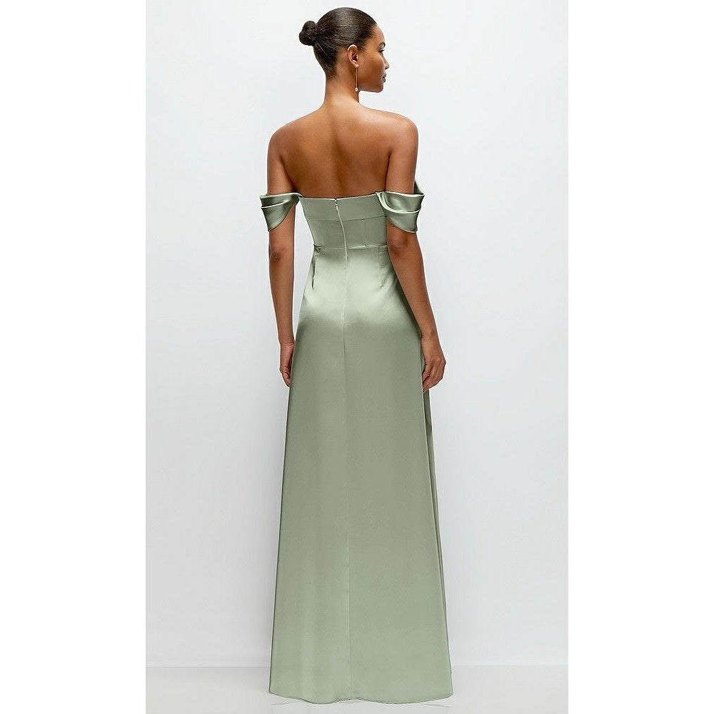 AFTER SIX Sage Green Satin Corset Drape Neck Off Shoulder Maxi Dress Size 12 R