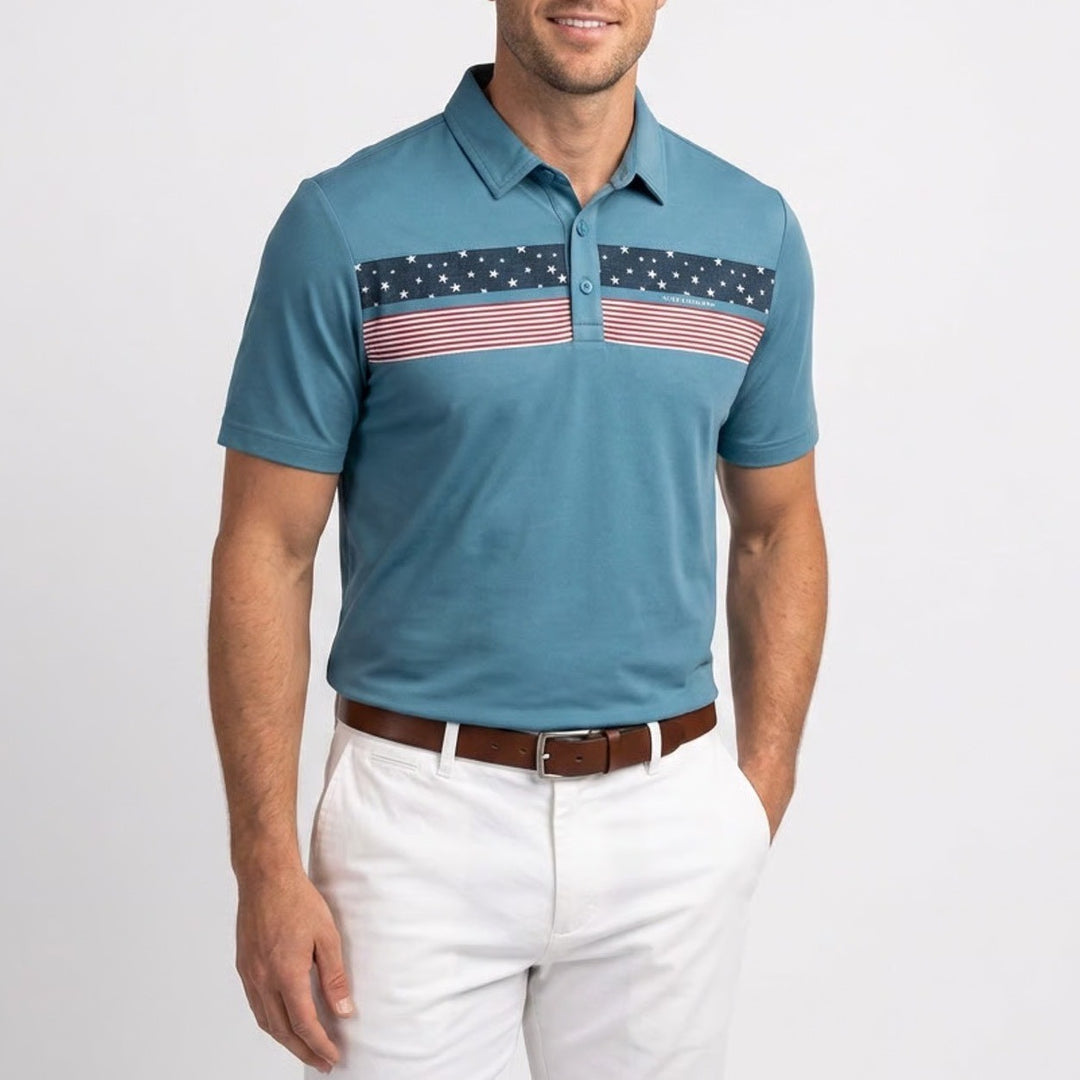 TravisMathew Mens Good Good Patriot Polo Shirt Blue Flag Graphic L NEW
