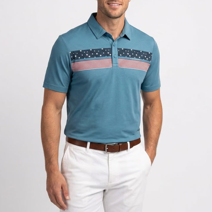 TravisMathew Mens Good Good Patriot Polo Shirt Blue Flag Graphic L NEW