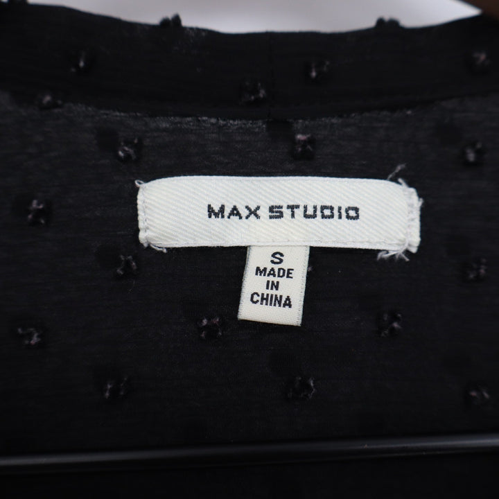 Max Studio Black Clip Dot Pintuck V-Neck Blouse Long Sleeve Sheer Top Small
