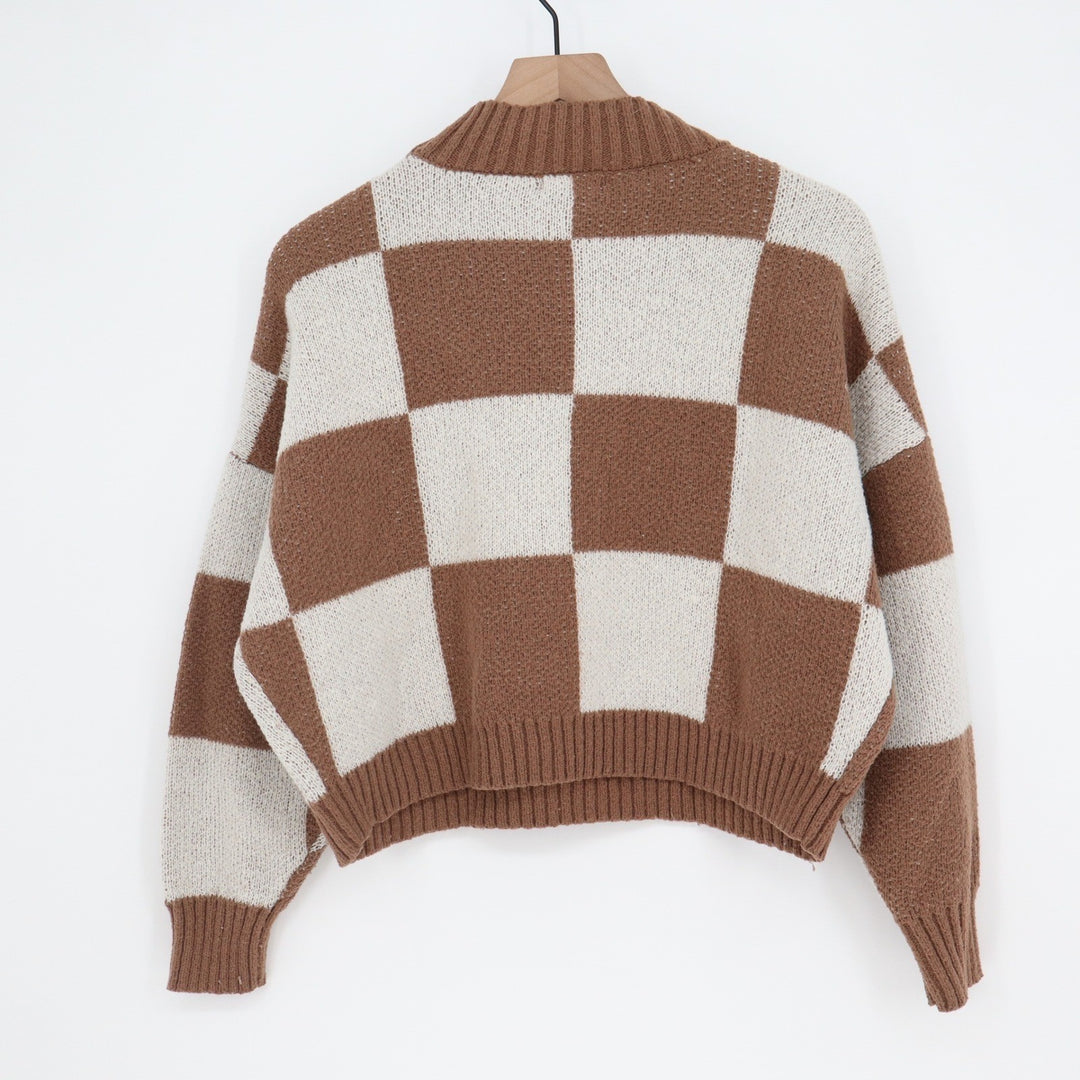 Blu Pepper Brown White Checkerboard Mock Neck Cropped Sweater Womens S
