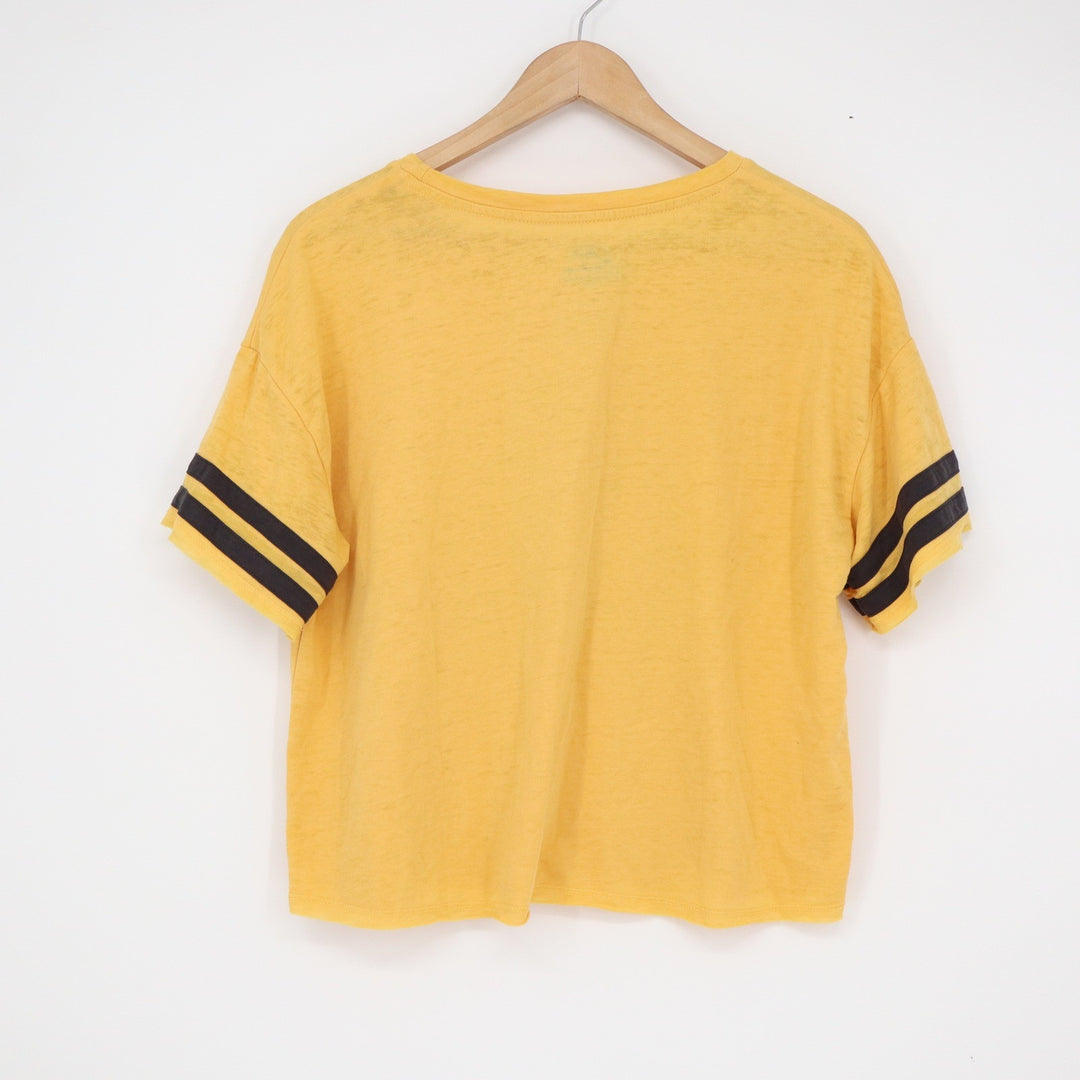 Jurassic World Park Graphic T-Shirt Yellow Varsity Stripe Sleeve Large