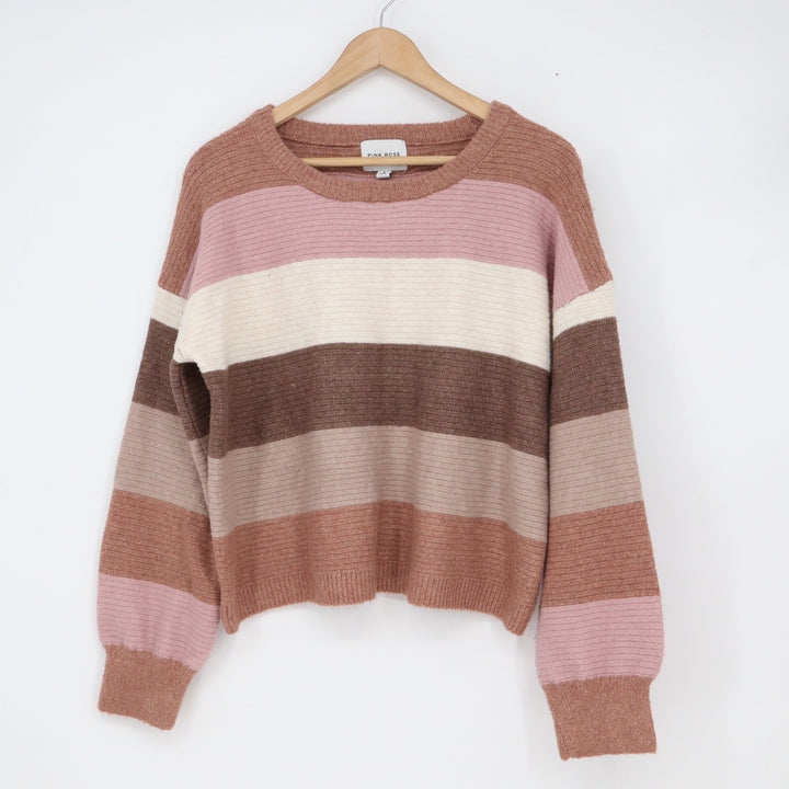 Pink Rose Womens Striped Crewneck Sweater Pink Brown Large