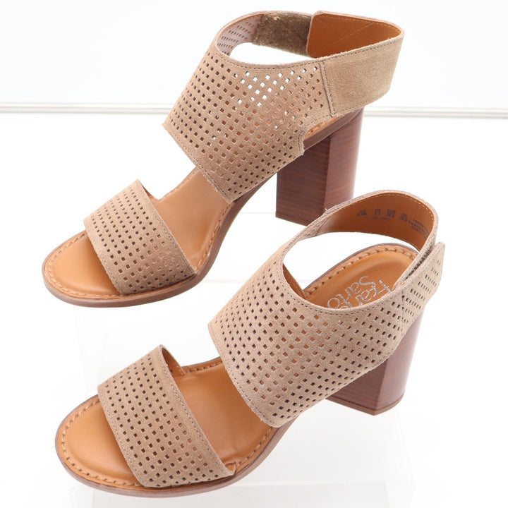 Franco Sarto Delores Tan Perforated Suede Block Heel Sandals Womens 8.5M