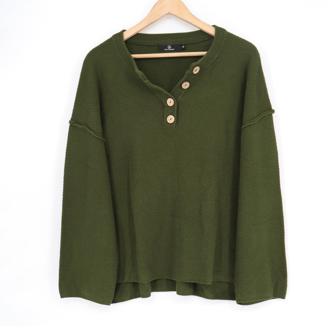 LILLUSORY Womens Olive Green Textured Henley Sweater LS055-A124 Wood Buttons M