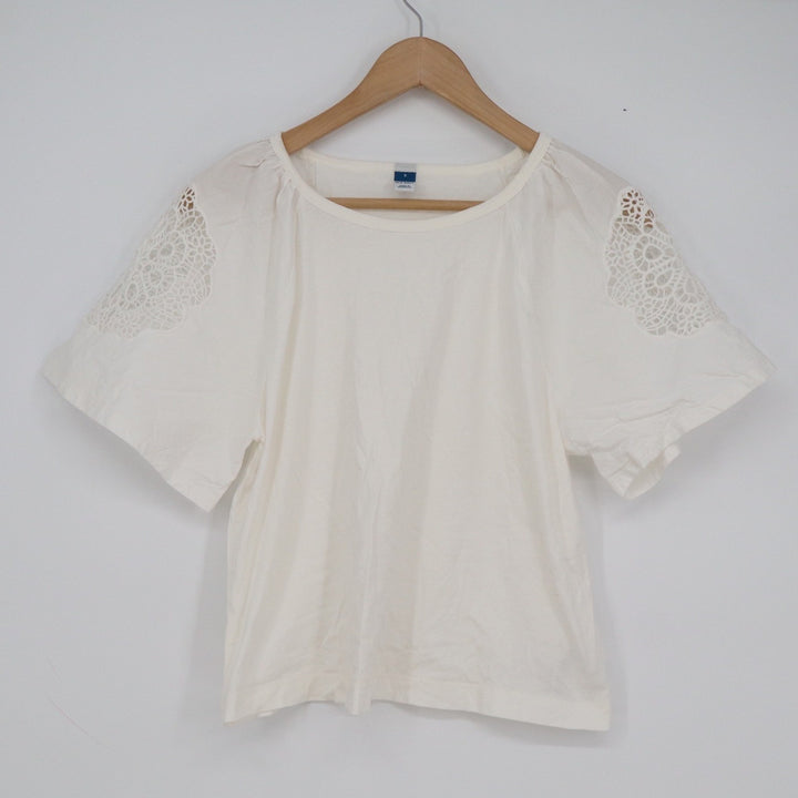 Old Navy Womens White Cotton Crochet Lace Shoulder Flutter Sleeve Top Size S