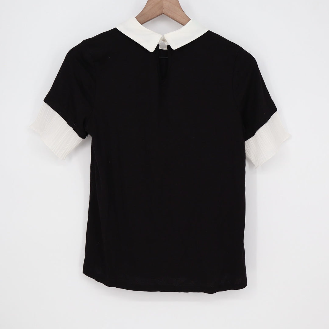 Misia Blouse Womens PM Black White Stretch Contrast Collar Casual Short Sleeve