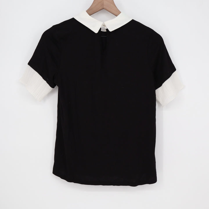 Misia Blouse Womens PM Black White Stretch Contrast Collar Casual Short Sleeve