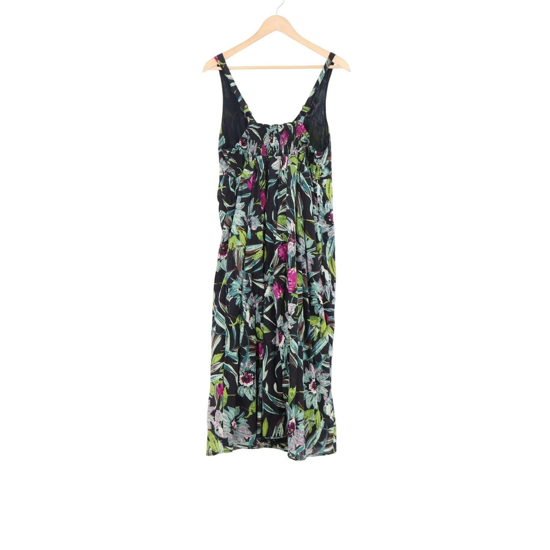Floral V-Neck Midi Sundress Sleeveless Smocked Back Tropical Print Black Multi