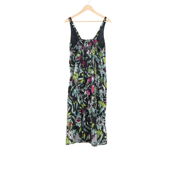 Floral V-Neck Midi Sundress Sleeveless Smocked Back Tropical Print Black Multi