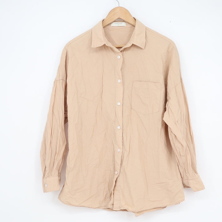 Nude Lucy Womens Tan Beige Cotton Button Down Shirt Oversized Size S