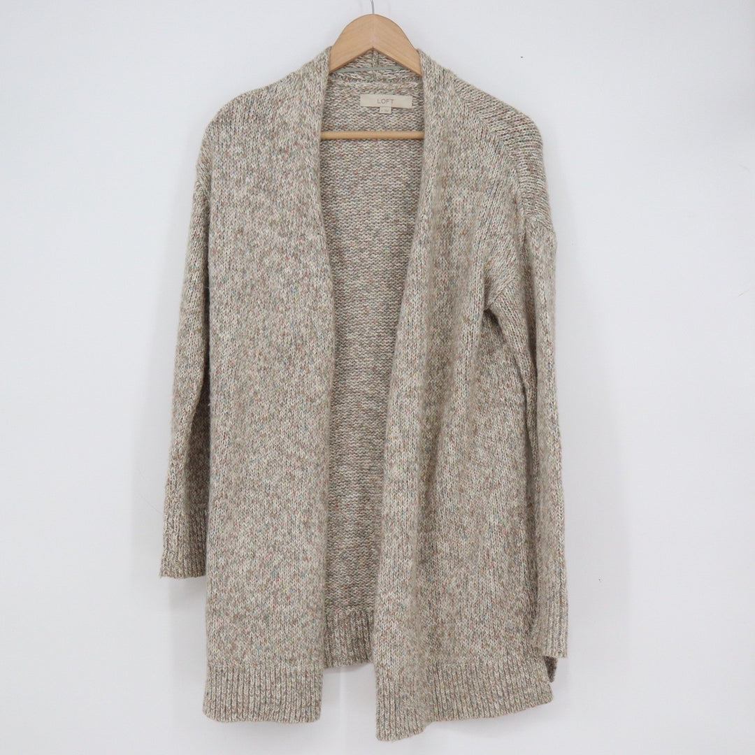 LOFT Womens Small Open Front Marled Cardigan Sweater Oatmeal Beige Multi
