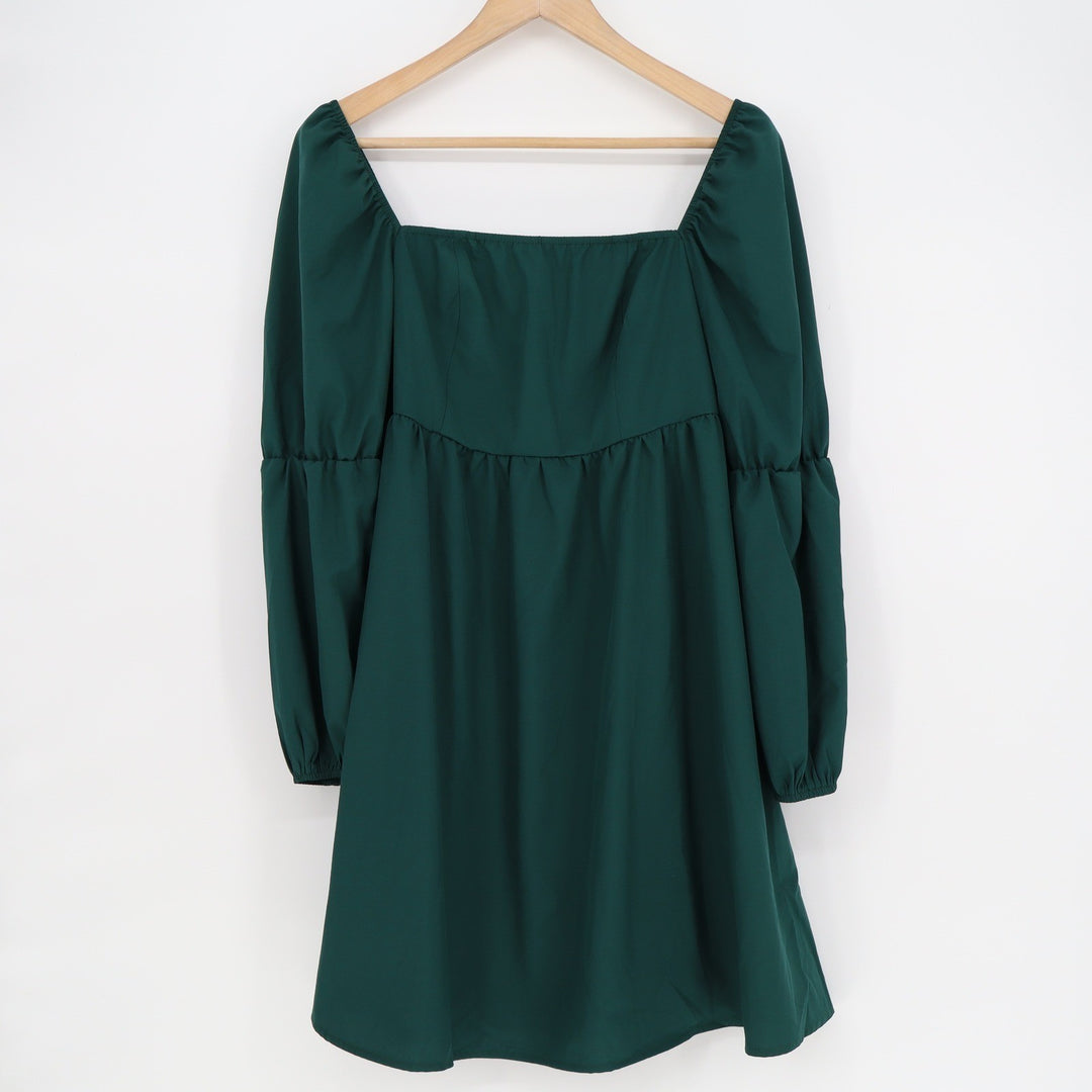 Exlura Dark Green Square Neck Puff Sleeve Smocked Back Mini Dress DR137 Large