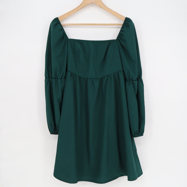 Exlura Dark Green Square Neck Puff Sleeve Smocked Back Mini Dress DR137 Large