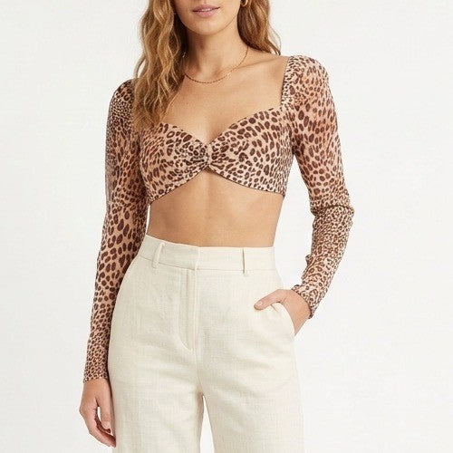 Naked Wardrobe The Statement Leopard Print Crop Top Sweetheart Neck M