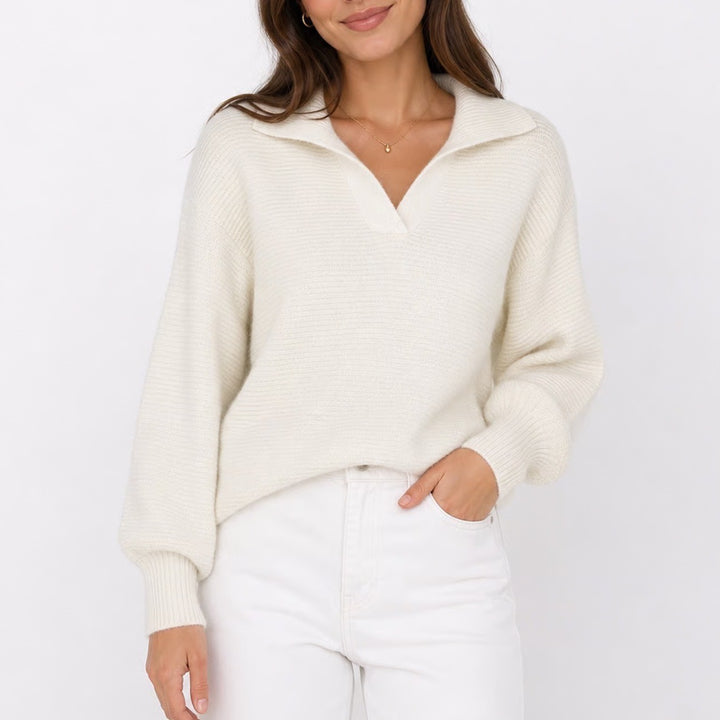 ZESICA Womens Off White Ribbed Knit Collared V-Neck Pullover Sweater Size L