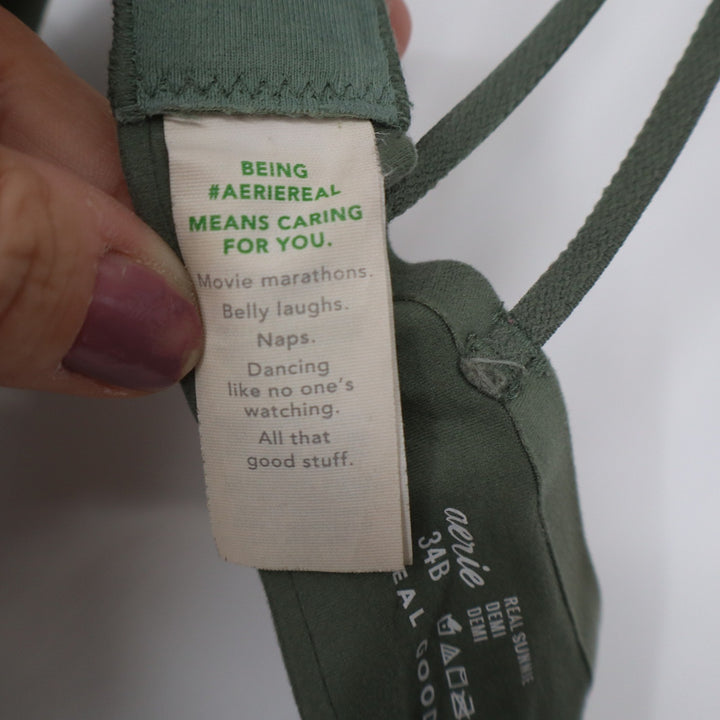 Aerie Real Sunnie Demi Bra 34B Olive Green Floral Lace Strappy Back Underwire