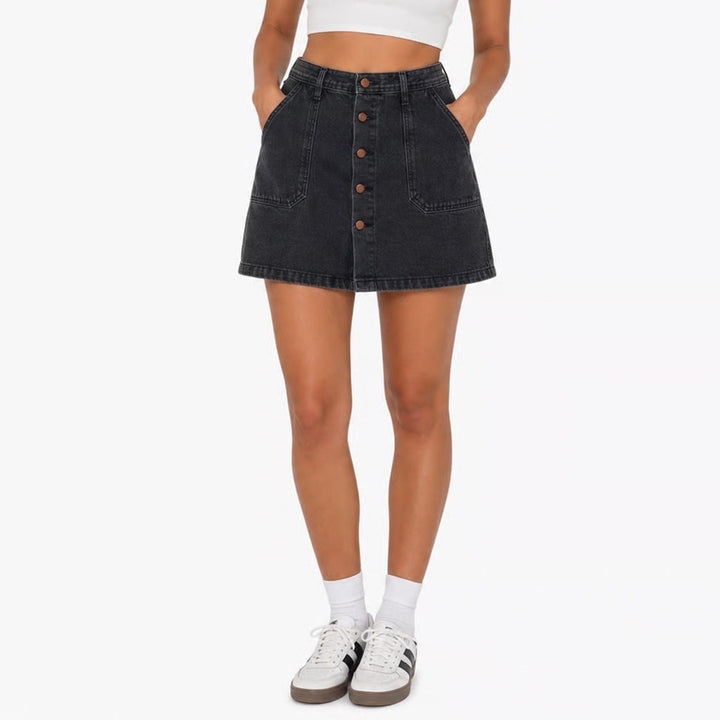 Yimeixuan Jeans Black Denim Button Front Mini Skirt High Waist A-Line Size L