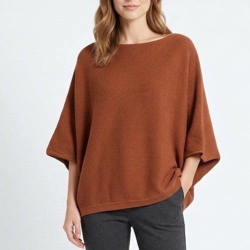 Fashion Sweater Womens Large Brown Knit Boat Neck Ribbed Dolman Sleeve Pullover