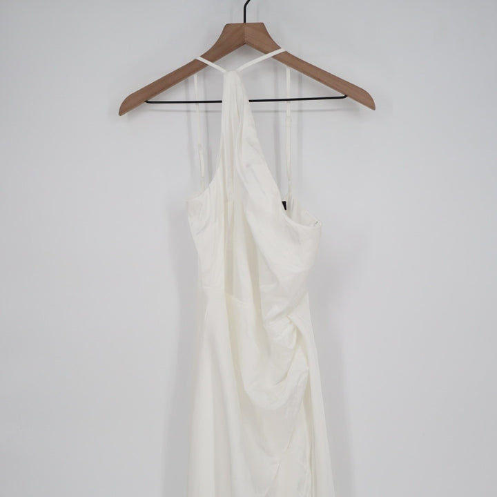Lulus Midi Dress Womens XS White Pleated Back Zip Side Slit Spaghetti Strap