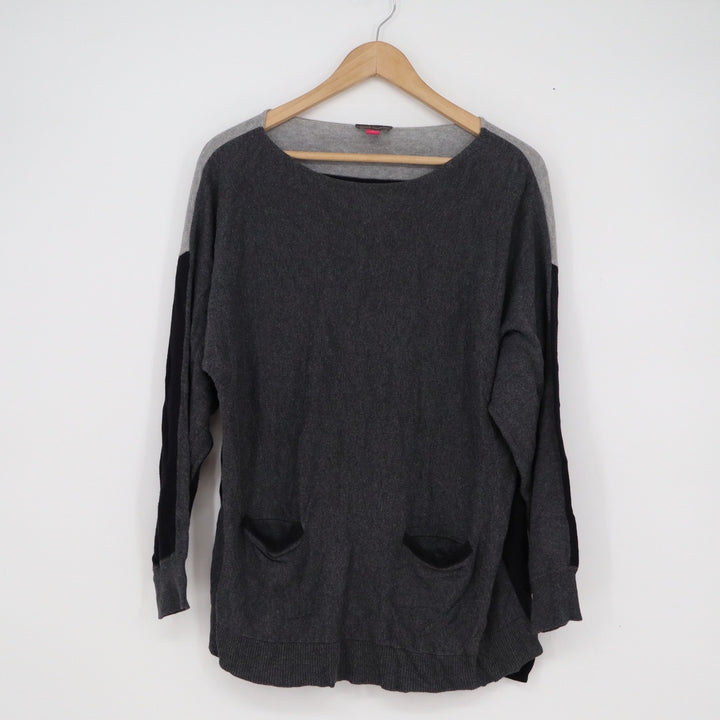 Vince Camuto Womens Colorblock Sweater Grey Black Cotton Blend Pockets Size L