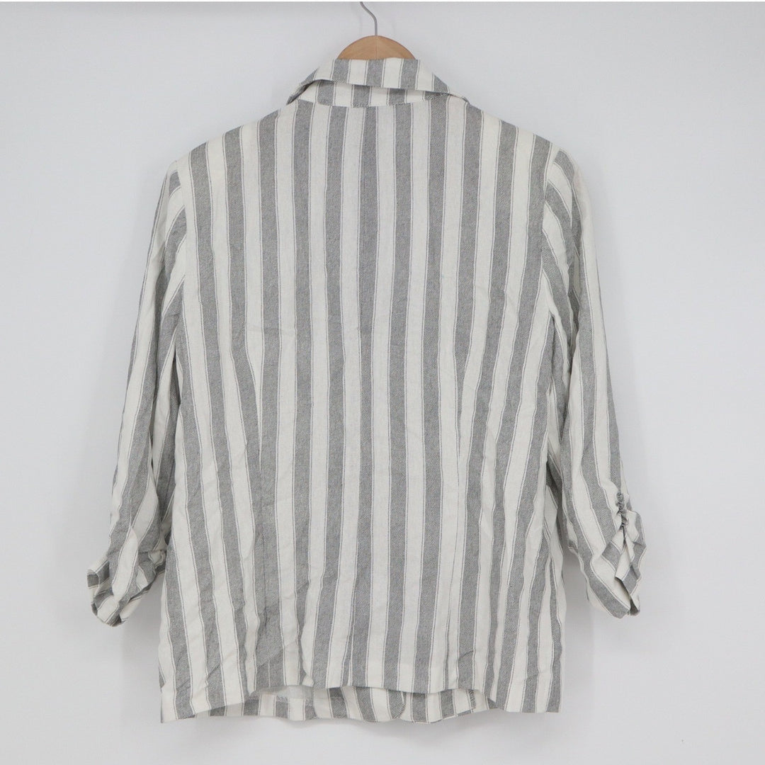 NYCC New York Clothing Co Grey White Striped Linen Blend Ruched Sleeve Blazer M