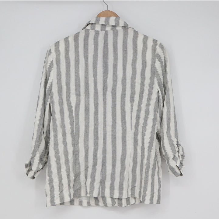 NYCC New York Clothing Co Grey White Striped Linen Blend Ruched Sleeve Blazer M