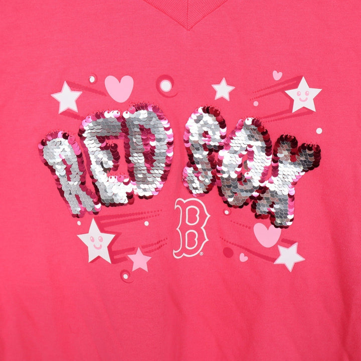 New Era Boston Red Sox Girls Pink Sequin V-Neck T-Shirt Size 10/12 MLB 2024