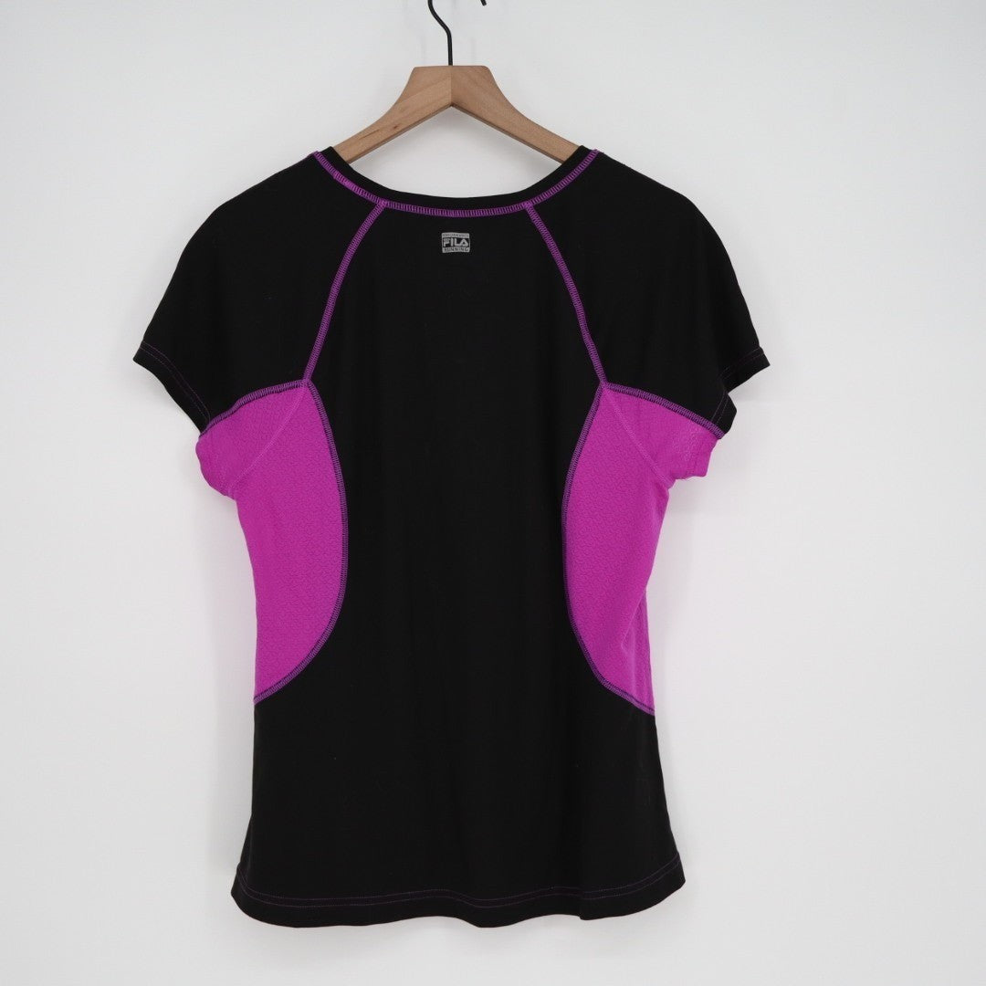 Fila Sport Running T Shirt Womens XL Purple Black Stretch Crew Neck Short Sleeve