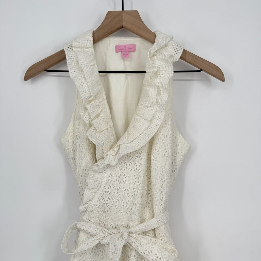 Lilly Pulitzer Wrap Dress Womens 6 Beige Eyelet Lace Overlay Cotton Belted Lined